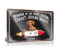 FZFN Plaque en métal avec inscription Man Cave Signs And Decor Dog on Rocket: Beware Of Treat-Seeking Missile - Panneau en métal vintage amusant (20 x 30 cm)