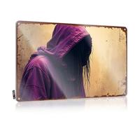 FZFN Plaque rétro en étain « A Mysterious Figure in Purple : The Enigmatic Hooded Cape » - Décoration d'intérieur pour homme - Plaque en métal vintage amusante (20 x 30 cm)