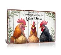 FZFN Plaque vintage humoristique en étain avec inscription « Live Like Someone Left Her Gate Open : A Colorful Rooster Trio Cel » - Panneau en étain - Décoration de bar en métal (30 x 40 cm)