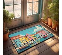 FZFN Tapis de bain en mousse à mémoire de forme - Ville côtière colorée avec bateaux et mouettes - Petit tapis de ferme en peluche pour étudiant et décoration d'intérieur (65 x 90 cm)