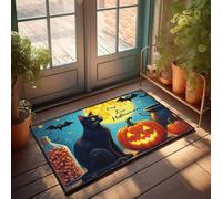 FZFN Tapis de bienvenue pour Halloween - Motif chat noir, lanterne et chauves-souris - Accessoires de bar (65 x 90 cm)