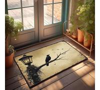 FZFN Tapis de cuisine antidérapant en forme de corbeau perché sur une branche sous un lampadaire, avec des oiseaux volant dans le petit tapis de bain en peluche, convient pour la décoration