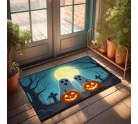 FZFN Tapis de jardin décoratif à profil bas | Deux fantômes et deux citrouilles devant une pleine lune. Profil bas persan (65 x 90 cm)