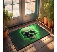 FZFN Tapis de salle de bain extérieur imperméable motif crâne vert flamme : une œuvre d'art ardente - Tapis de bain carré en caoutchouc absorbant adapté aux zones à circulation élevée de moto (65 x 90