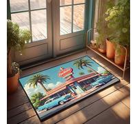 FZFN Tapis de sol absorbant et lavable pour salle de bain | Voitures vintage garées à l'extérieur d'un dîner américain rétro avec palmier en peluche antidérapante pour le sport et la maison (40 x 60