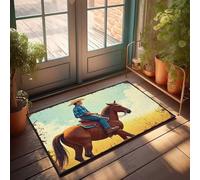 FZFN Tapis de sol antidérapant avec texte amusant « Riding Into The Sunset » - Aventure occidentale - Lavable en machine - Idéal pour la décoration de la maison et du bureau - 65 x 90 cm