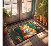 FZFN Tapis de sol moelleux orange chat profitant du thé dans une chaise élégante, antidérapant, absorbant, cadeau de salle de bain, idéal pour les amis zones à forte circulation (50 x 80 cm)