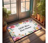 FZFN Tapis décoratif à profil bas - God Bless Our Home - Porte lavable, amusant, facile à nettoyer, durable pour Noël (50 x 80 cm)