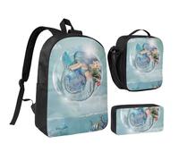 FZGGWYHL Ensemble de 3 pièces avec sac à dos imprimé sirène - Sac à dos, trousse à crayons, sac à déjeuner, Noir , Taille unique, Sac à dos décontracté