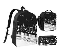 FZGGWYHL Ensemble de 3 pièces avec touches de piano avec notes de musique imprimées - Sac à dos, trousse à crayons, sac à déjeuner, Noir , Taille unique, Sac à dos décontracté