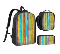 FZGGWYHL Ensemble de 3 pièces de sac à dos imprimé en bois coloré - Sac à dos, trousse à crayons, sac à déjeuner, Noir , Taille unique, Sac à dos décontracté