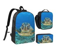 FZGGWYHL Ensemble de 3 pièces sac à dos imprimé tortues de mer - Sac à dos, trousse à crayons, sac à déjeuner, Noir , Taille unique, Sac à dos décontracté