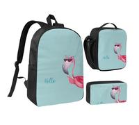 FZGGWYHL Hello Glasses Ensemble de 3 pièces avec sac à dos imprimé flamant rose - Sac à dos, trousse à crayons, sac à déjeuner, Noir , Taille unique, Sac à dos décontracté