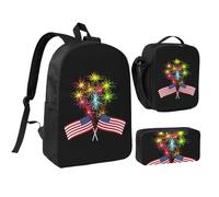 FZGGWYHL Independence Day America Flag Fireworks Ensemble de 3 pièces Sac à dos, trousse à crayons, sac à déjeuner, Noir , Taille unique, Sac à dos décontracté