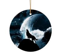 FZGGWYHL Pendentif rond en céramique imprimé loup hurlant à la lune pour sapin de Noël