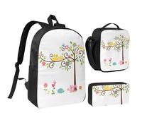 FZGGWYHL Sac à dos 3 pièces imprimé chouette arbre fleurs et écureuil mignon dessin animé - sac à dos, trousse, sac à déjeuner, Noir , Taille unique, Sac à dos décontracté