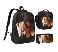FZGGWYHL Sac à dos 3 pièces imprimé partitions violon - Sac à dos, trousse à crayons, sac à déjeuner, Noir , Taille unique, Sac à dos décontracté