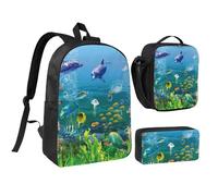 FZGGWYHL Sac à dos coloré imprimé monde sous-marin trois pièces - Sac à dos, trousse à crayons, sac à déjeuner, Noir , Taille unique, Sac à dos décontracté