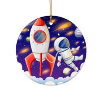 FZGGWYHL Univers Astronaute Fusée Galaxie Pendentif Rond en Céramique Imprimé Arbre de Noël Suspendu
