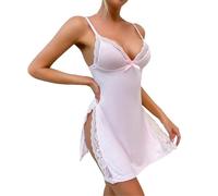 FZKun Chemise de nuit fendue avec bordure en dentelle, fente latérale et nœud décoratif, robe de nuit caraco grande taille pour femme, 01 - Rose, S