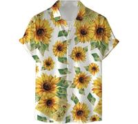 FZKun Chemise Hawaïenne Homme Manche Courte, Imprimé Tournesol Chemise Plage Été Bouton Down Top Blouse Casual Chemise Hawaï pour Vacances Voyage Fête (L,Feuilles Vertes)