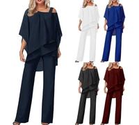 FZKun Costume de pantalon grande taille pour femme - Élégant pantalon d'invité de mariage 2 pièces - Tenue formelle en mousseline de soie - Manches chauve-souris - Plusieurs couleurs, #01 Bleu marine