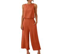 FZKun Ensemble en lin pour femme - Tenue d'été assortie avec haut court et pantalon - Ensemble de détente à jambe large avec poches - Survêtement de vacances à la plage, Orange, S