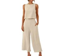 FZKun Ensemble en lin pour femme - Tenue d'été assortie avec haut court et pantalon - Ensemble de détente à jambe large avec poches - Survêtement de vacances à la plage, beige, M