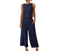 FZKun Ensemble en lin pour femme - Tenue d'été assortie avec haut court et pantalon - Ensemble de détente à jambe large avec poches - Survêtement de vacances à la plage, bleu marine, S