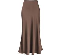 FZKun Jupe Longue En Satin Pour Femmes - Jupe D'été Fluide Et élégante En Couleur Unie Taille Haute élastique Coupe A Jupe Sirène Modeste Jupes De Travail Classiques (M,Brun)