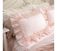 FZKun Lot de 2 taies d'oreiller de style shabby chic avec volants en dentelle - Housses de coussin vintage en coton avec fermeture à rabat de style campagnard français (2 pièces, nude)