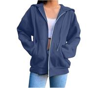 FZKun Sweat à capuche pour femme, veste unie à capuche avec cordon de serrage, pull décontracté de couleur unie avec poches, léger, fermeture éclair intégrale, manteau d'extérieur, bleu marine, M