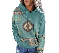 FZKun Sweat à capuche pullover pour femme style ethnique western imprimé aztèque cowgirl à imprimé losange sweatshirt à capuche, Vert clair, L