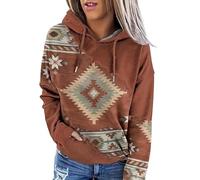 FZKun Sweat à capuche pullover pour femme style ethnique western imprimé aztèque cowgirl à imprimé losange sweatshirt à capuche, marron, XL