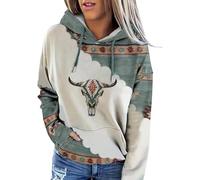 FZKun Sweat à capuche pullover pour femme style ethnique western imprimé aztèque cowgirl à motif losange sweatshirt à capuche, blanc/vert, L