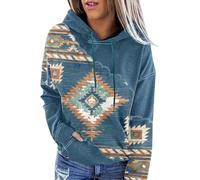 FZKun Sweat à capuche pullover pour femme style ethnique western imprimé aztèque cowgirl à motif losange sweatshirt à capuche, Bleu marine-2., L