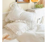 FZKun Taie d'oreiller de style shabby chic avec volants en dentelle - Housse de coussin vintage en coton avec fermeture à rabat - Style campagnard français (1 pièce, 50 x 76 cm, blanc)