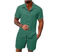 FZKun Tenues Estivales 2 Pièces Pour Hommes Pour Les Vacances - Chemises Cubaines à Manches Courtes En Coton Et Lin à Boutons Pour La Plage Hawaïenne Et Shorts Assorti De Survêtement (Vert profond,L)
