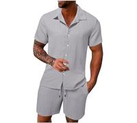 FZKun Tenues Estivales 2 Pièces Pour Hommes Pour Les Vacances - Chemises Cubaines à Manches Courtes En Coton Et Lin à Boutons Pour La Plage Hawaïenne Et Shorts Assorti De Survêtement (Gris,XL)