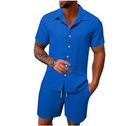 FZKun Tenues Estivales 2 Pièces Pour Hommes Pour Les Vacances - Chemises Cubaines à Manches Courtes En Coton Et Lin à Boutons Pour La Plage Hawaïenne Et Shorts Assorti De Survêtement (Bleu,L)