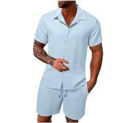 FZKun Tenues Estivales 2 Pièces Pour Hommes Pour Les Vacances - Chemises Cubaines à Manches Courtes En Coton Et Lin à Boutons Pour La Plage Hawaïenne Et Shorts Assorti De Survêtement (Bleu clair,XL)