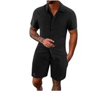 FZKun Tenues Estivales 2 Pièces Pour Hommes Pour Les Vacances - Chemises Cubaines à Manches Courtes En Coton Et Lin à Boutons Pour La Plage Hawaïenne Et Shorts Assorti De Survêtement (Noir,XXL)