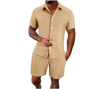 FZKun Tenues Estivales 2 Pièces Pour Hommes Pour Les Vacances - Chemises Cubaines à Manches Courtes En Coton Et Lin à Boutons Pour La Plage Hawaïenne Et Shorts Assorti De Survêtement (Brun,XXL)