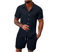 FZKun Tenues Estivales 2 Pièces Pour Hommes Pour Les Vacances - Chemises Cubaines à Manches Courtes En Coton Et Lin à Boutons Pour La Plage Hawaïenne Et Shorts Assorti De Survêtement (Marine,S)