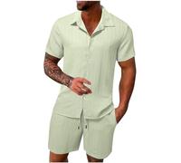 FZKun Tenues Estivales 2 Pièces Pour Hommes Pour Les Vacances - Chemises Cubaines à Manches Courtes En Coton Et Lin à Boutons Pour La Plage Hawaïenne Et Shorts Assorti De Survêtement (Vert,M)