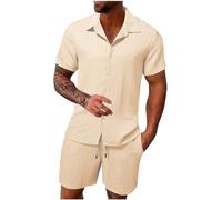 FZKun Tenues Estivales 2 Pièces Pour Hommes Pour Les Vacances - Chemises Cubaines à Manches Courtes En Coton Et Lin à Boutons Pour La Plage Hawaïenne Et Shorts Assorti De Survêtement (Kaki,XL)