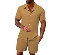 FZKun Tenues Estivales 2 Pièces Pour Hommes Pour Les Vacances - Chemises Cubaines à Manches Courtes En Coton Et Lin à Boutons Pour La Plage Hawaïenne Et Shorts Assorti De Survêtement (Café,XXL)