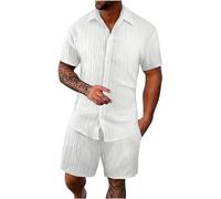 FZKun Tenues Estivales 2 Pièces Pour Hommes Pour Les Vacances - Chemises Cubaines à Manches Courtes En Coton Et Lin à Boutons Pour La Plage Hawaïenne Et Shorts Assorti De Survêtement (Blanc,XL)