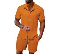 FZKun Tenues Estivales 2 Pièces Pour Hommes Pour Les Vacances - Chemises Cubaines à Manches Courtes En Coton Et Lin à Boutons Pour La Plage Hawaïenne Et Shorts Assorti De Survêtement (Orange,S)