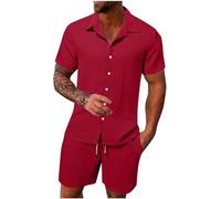 FZKun Tenues Estivales 2 Pièces Pour Hommes Pour Les Vacances - Chemises Cubaines à Manches Courtes En Coton Et Lin à Boutons Pour La Plage Hawaïenne Et Shorts Assorti De Survêtement (Rouge,M)